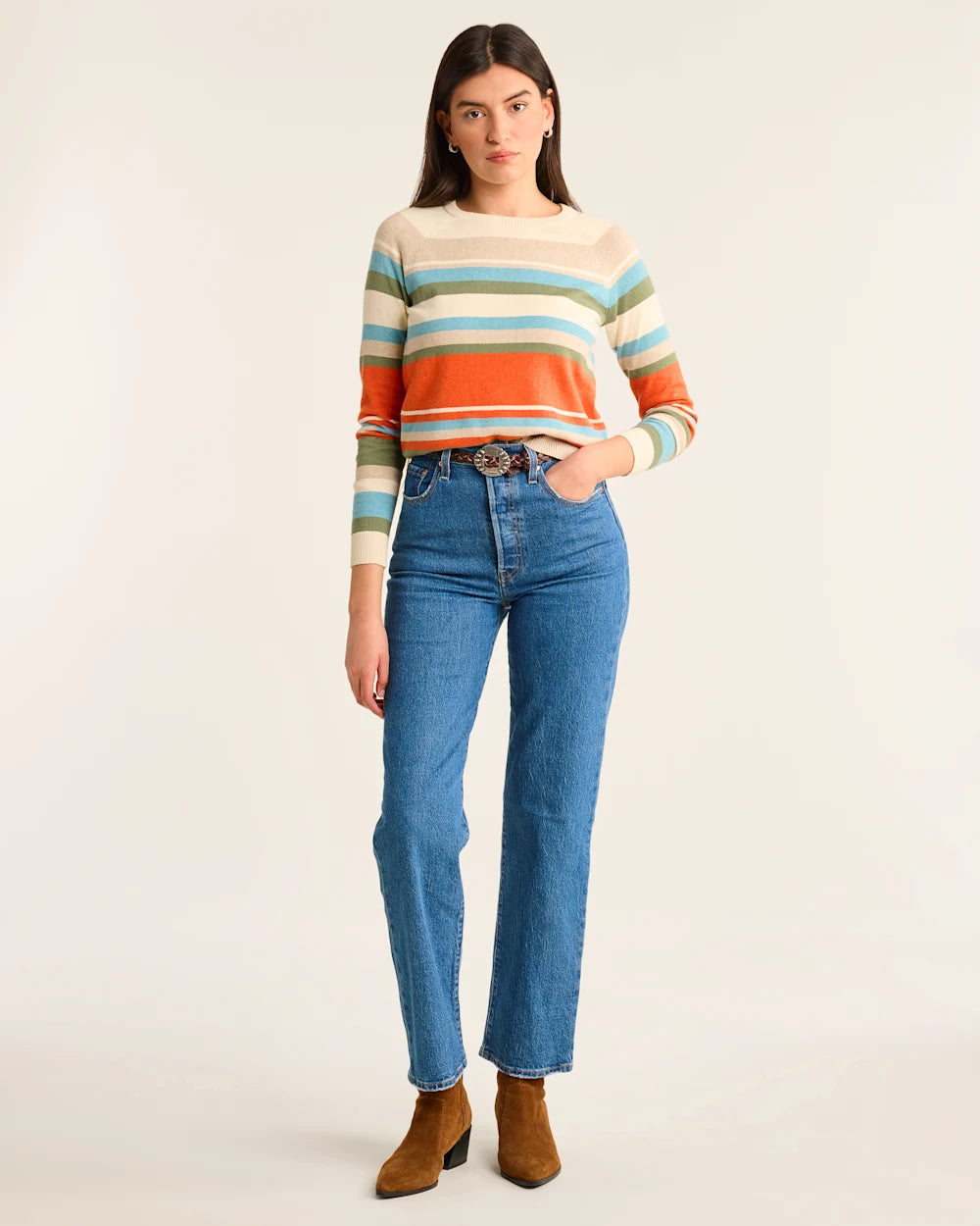 Model Photo of Front of Pendleton Women's Stripe Crewneck Pullover Ivory Multi