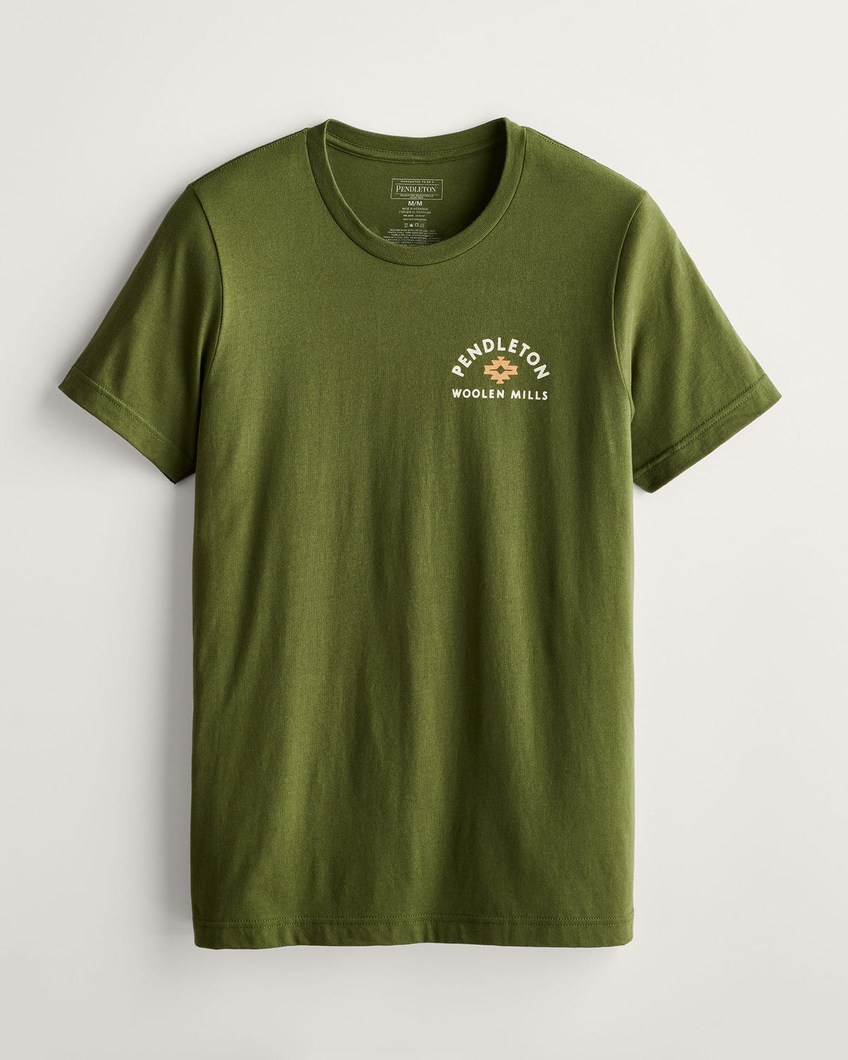 Green t-shirt with Pendleton Woolen Mills logo on a light gray background