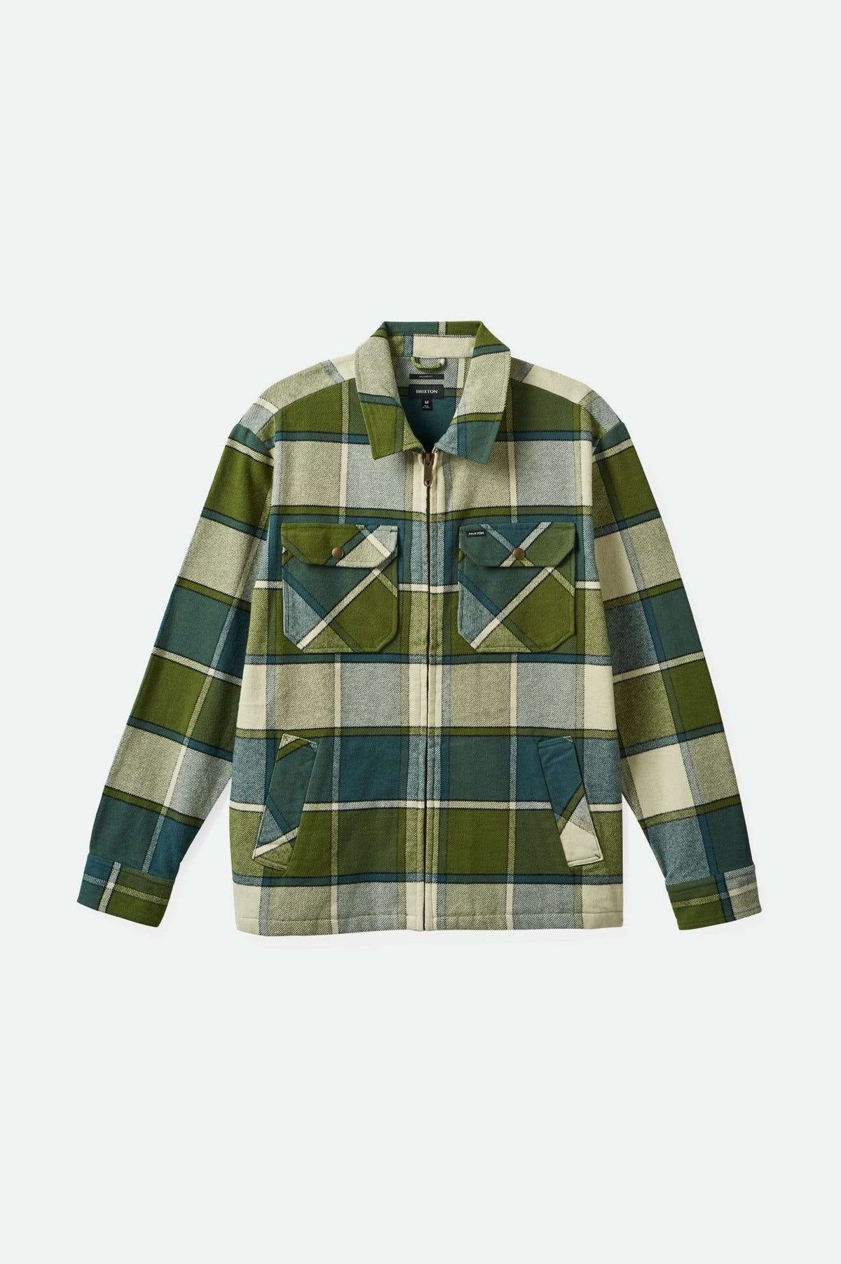Front of Brixton Men's Motor Zip Jacket - Blue Mirage/Dill Plaid