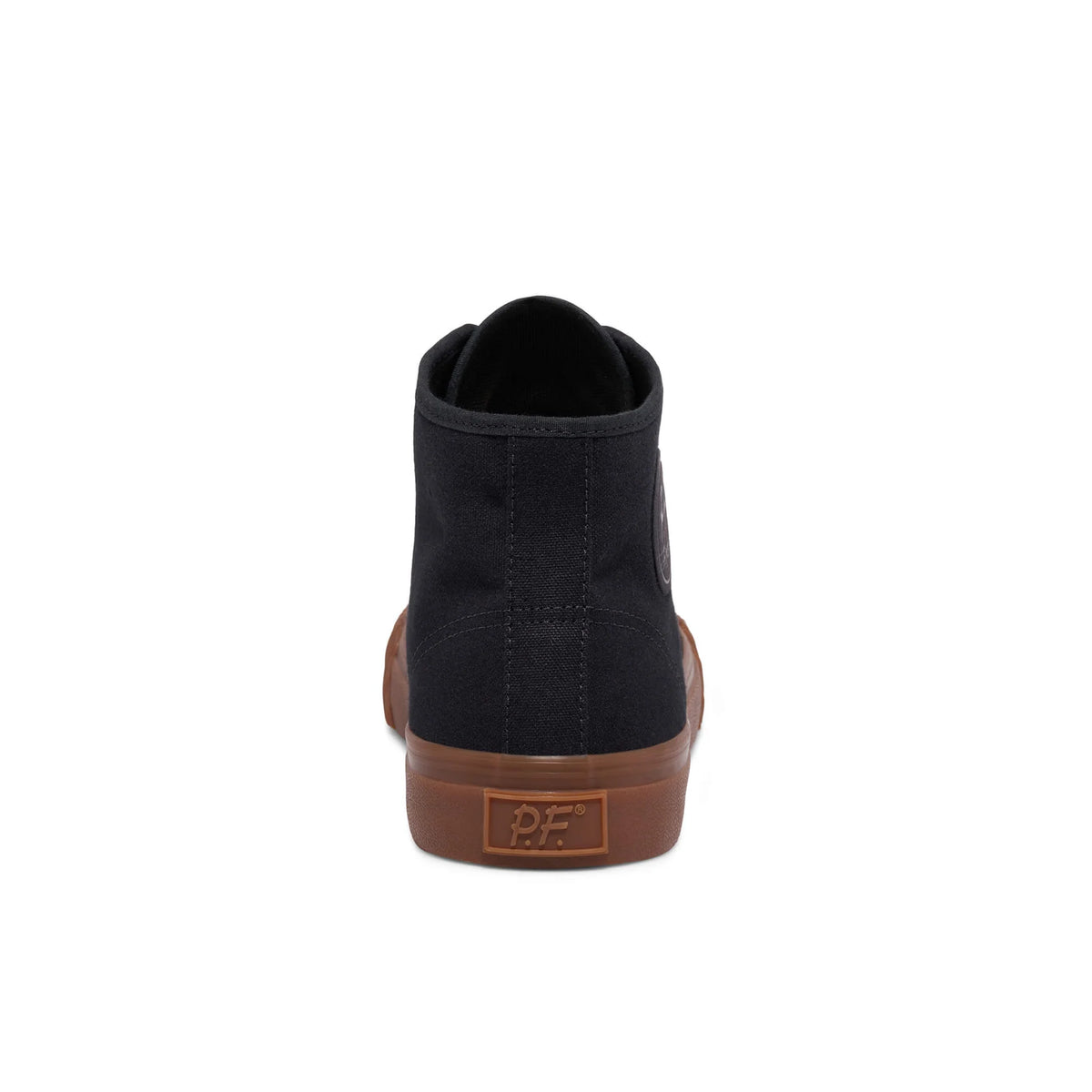 Black high-top sneaker with brown sole on a white background