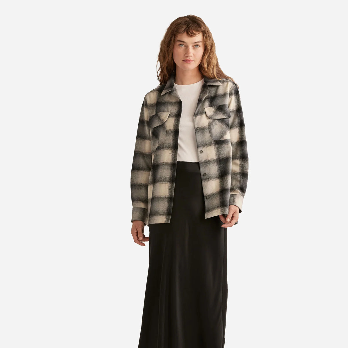 Model Photo of Front of Pendleton Women's Boyfriend Board Shirt - Tan/Slate Ombre