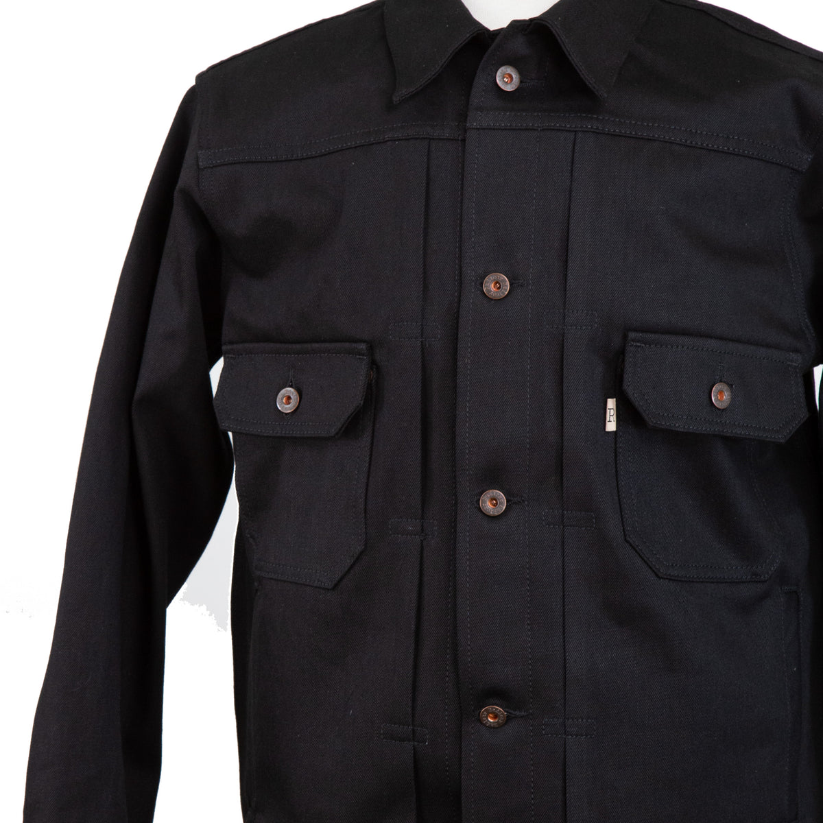 Front Angle of Type 2 X111 13.5 Oz Double Black Selvedge Jacket