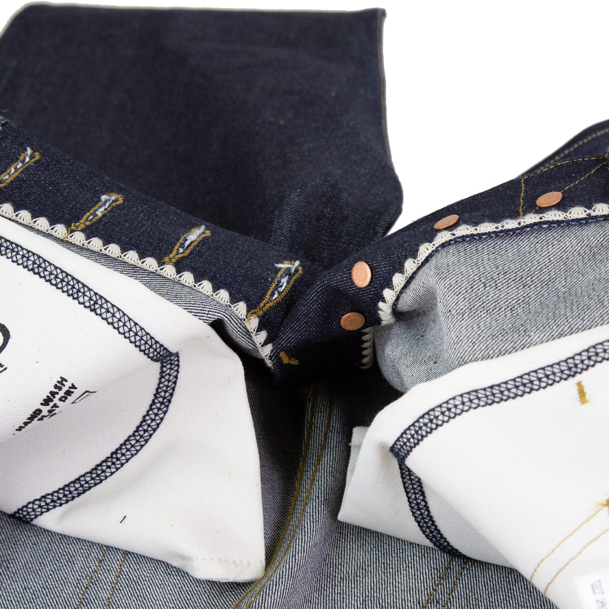 Interior Button Fly Detail of Spikes X110 Taper Leg 13.5 Oz Classic Indigo Selvedge