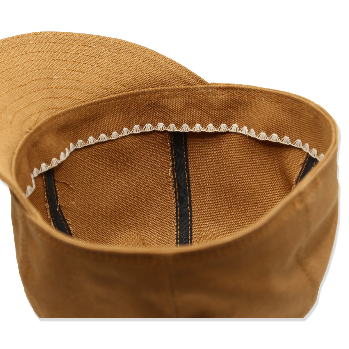 Interior Detail of A brown mechanic hat made from duck canvas, with a sweat band and a flat brim.