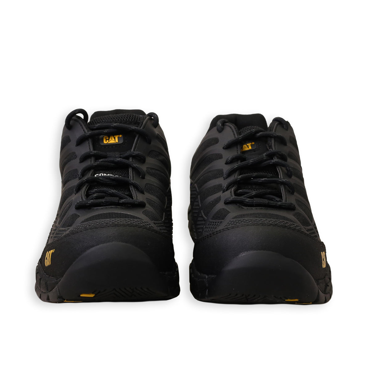 Front of A pair of black CAT work boots with a composite toe and a rubber outsole designed for safety and comfort.