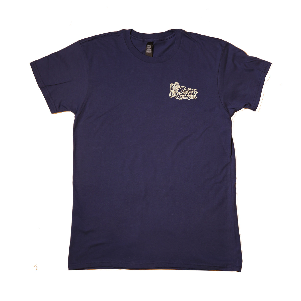 Navy T-shirt with graphic reading 'Railcar Fine Goods' on the chest