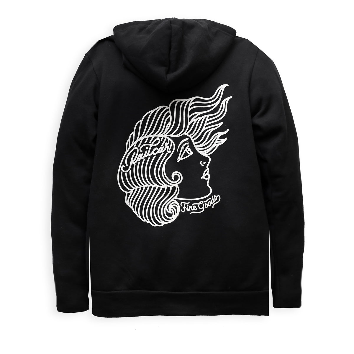 Black hoodie with a white graphic design of a female figure on the back with text reading Railcar Fine Goods