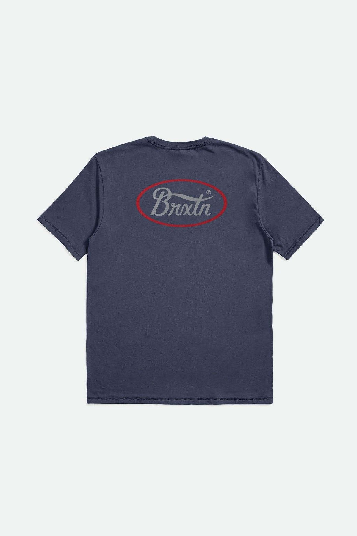 Back of Brixton Men's Parsons Short Sleeve Tailored Tee Washed Navy/Grey/Brick