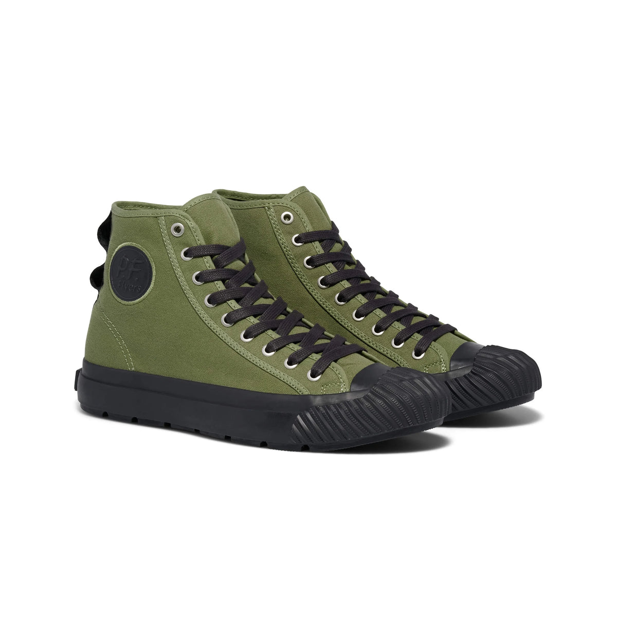 Green high-top sneakers with black soles on a white background