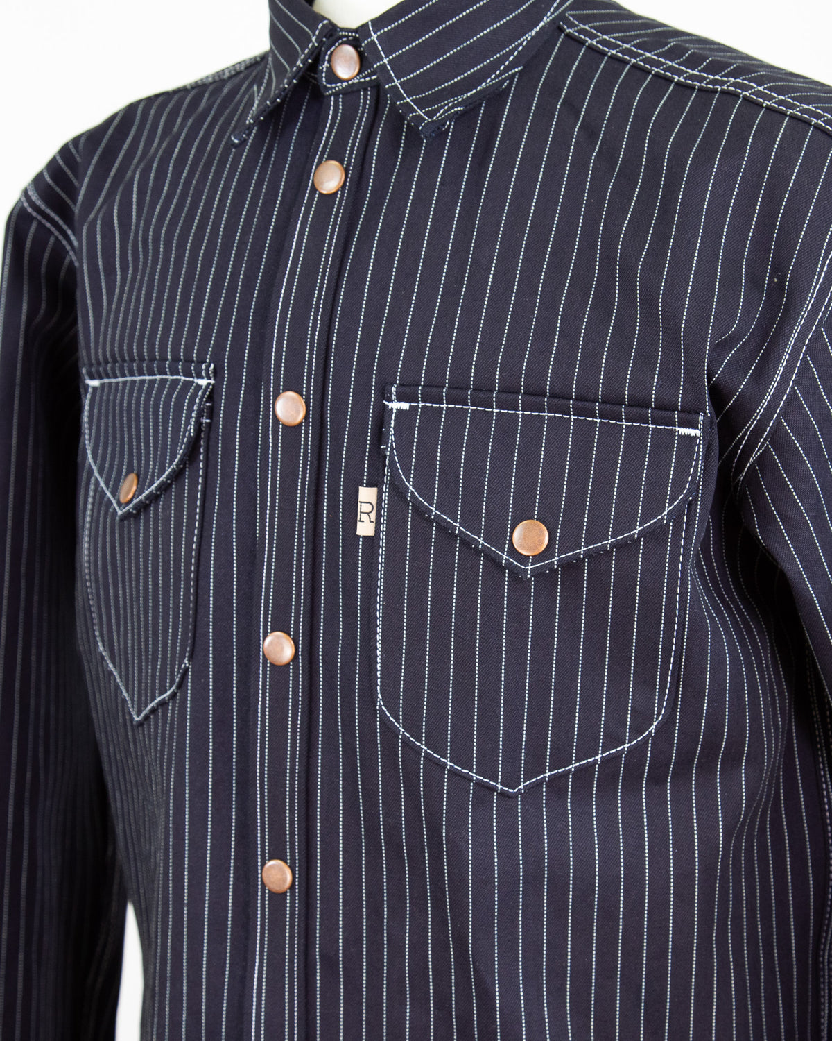 Close Up of Front of Eliminator Shadow Wabash 13.75 Oz Dark Indigo Selvedge Shirt