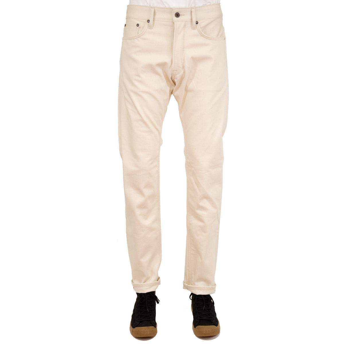 Front of Spikes X105 Taper Leg 12 Oz Ecru Natural Selvedge