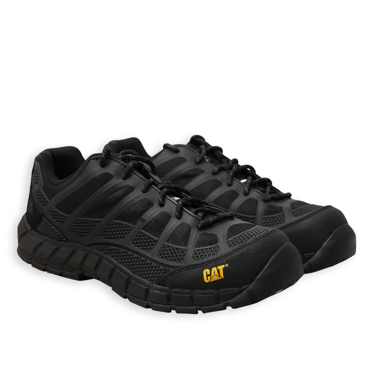 A pair of black CAT work boots with a composite toe and a rubber outsole designed for safety and comfort.