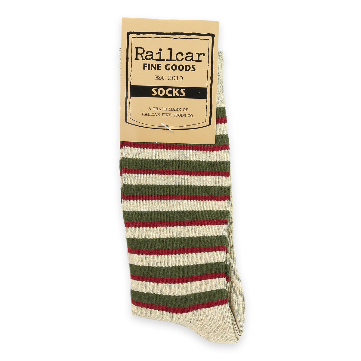 A pair of striped socks with tan, green, and red colors, branded Railcar Fine Goods.