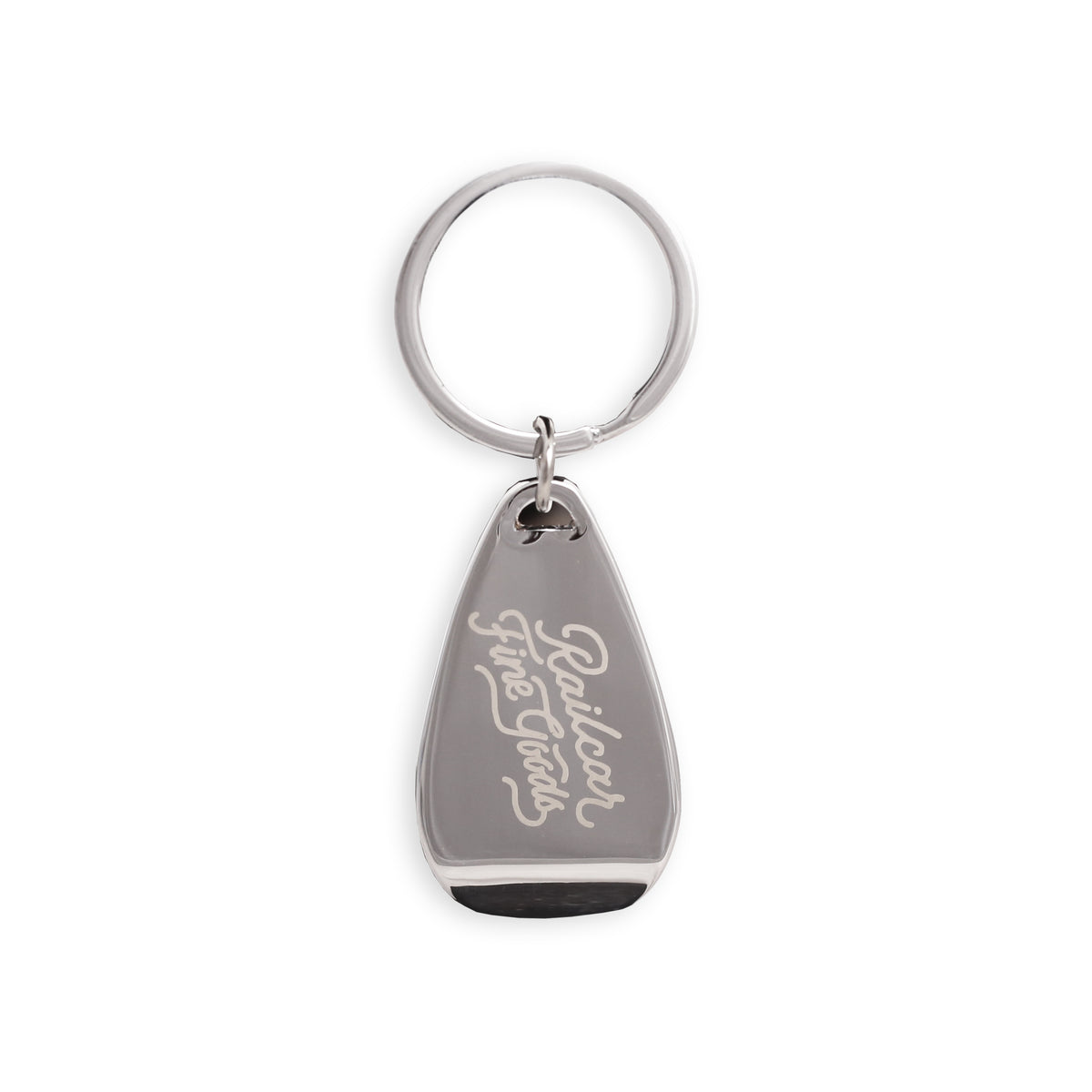 A silver bottle opener with a keychain, featuring text 'Railcar Fine Goods'