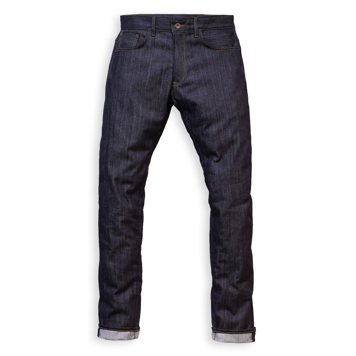 Front of  pair of slim-fit blue denim jeans with a minimalist design