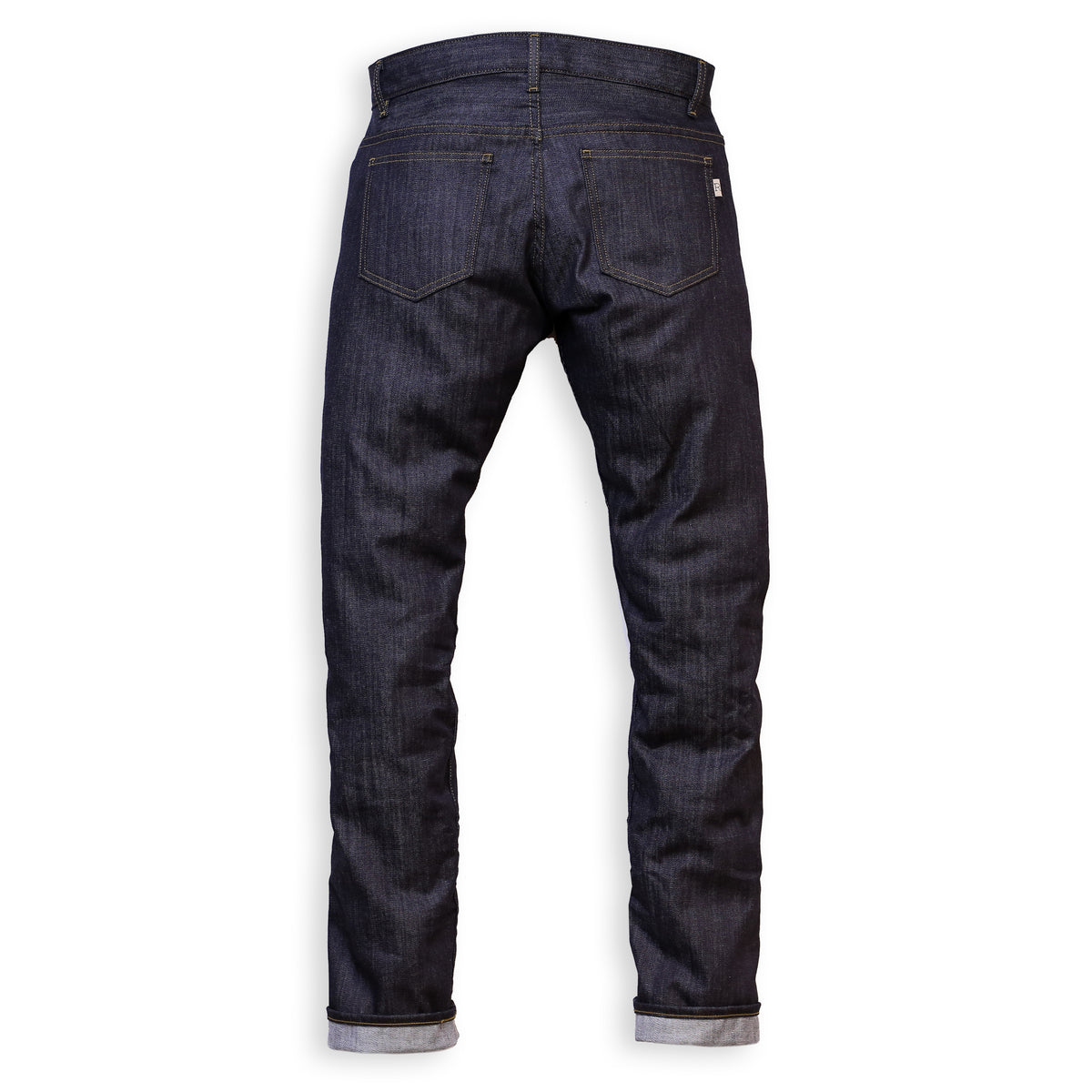 Back View of a pair of slim-fit blue denim jeans with a minimalist design, featuring a small 'R' logo on the back pocket.